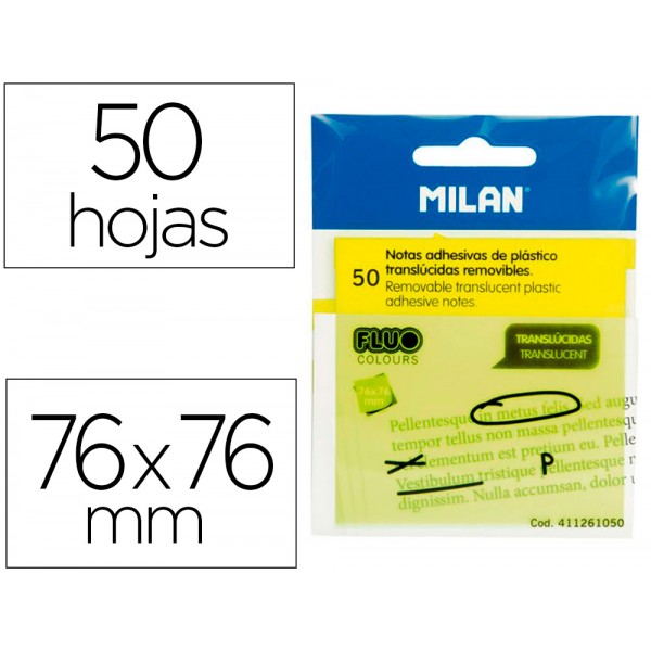 Bloco de notas adesivas milan 76x76 mm removivel plastico translucido amarelo fluor 50 folhas