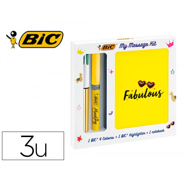 Set escrita bic 1 quatro cores shine 1 fluor grip pastel 1 notebook