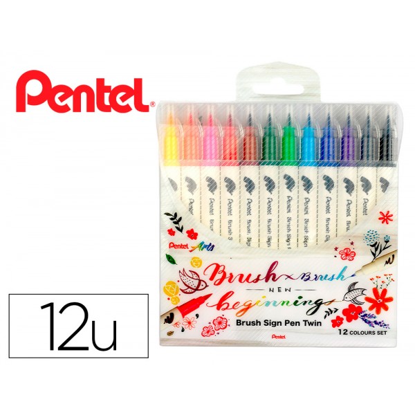 Pincel pentel brush sign pen com ponta dupla estojo com 12 unidades