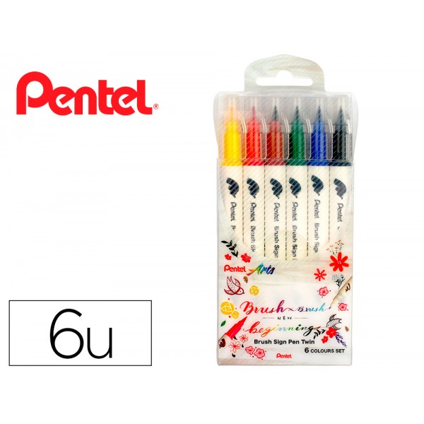 Pincel pentel brush sign pen com ponta dupla estojo com 6 unidades