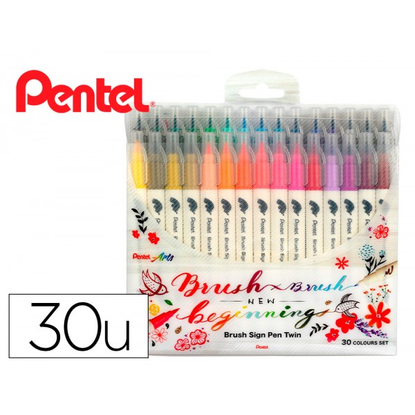 Pincel pentel brush sign pen com ponta dupla estojo com 30 unidades