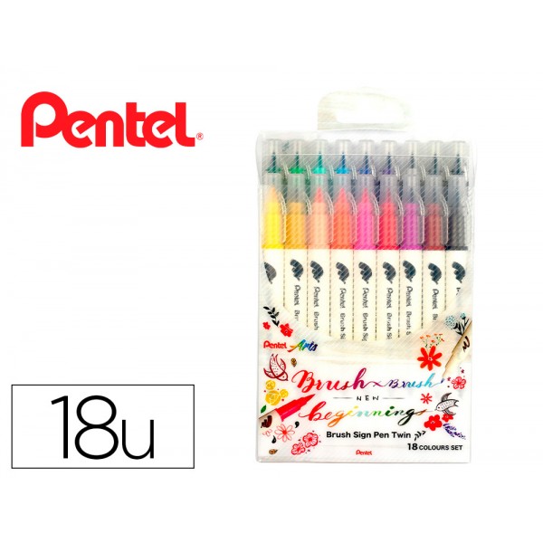 Pincel pentel brush sign pen com ponta dupla estojo com 18 unidades