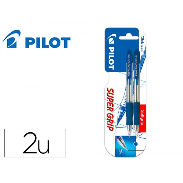 Esferografica pilot super grip azul retratil apoio em borracha tinta de oleo em blister de 2 unidades