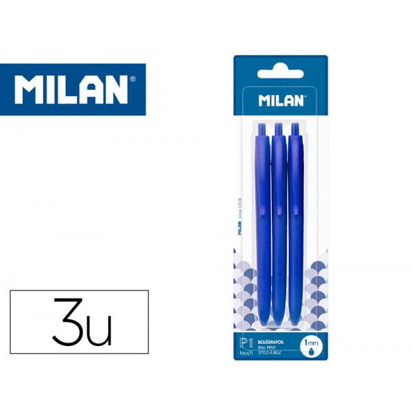 Esferografica milan p1 retratil 1 mm touch azul blister de 3 unidades