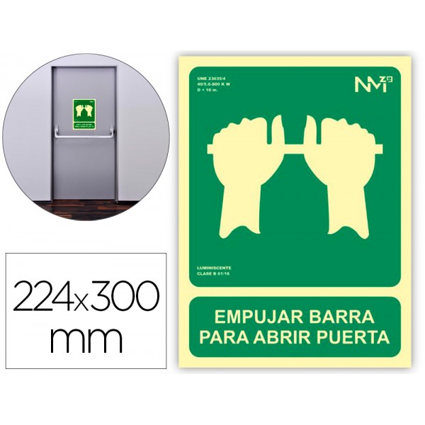 Pictograma archivo 2000 empurrar barra para abrir porta pvc verde luminiscente 224x300 mm