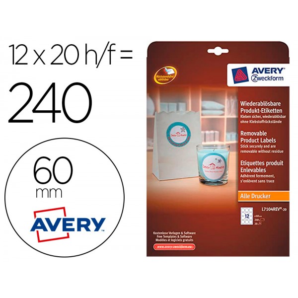 Etiqueta adesiva avery branca redonda removivel para impressora laser injecao de tinta e fotocopiadora 60 mm