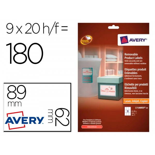 Etiqueta adesiva avery removivel para impressora laser injecao de tinta e fotocopiadora branca 62x89 mm