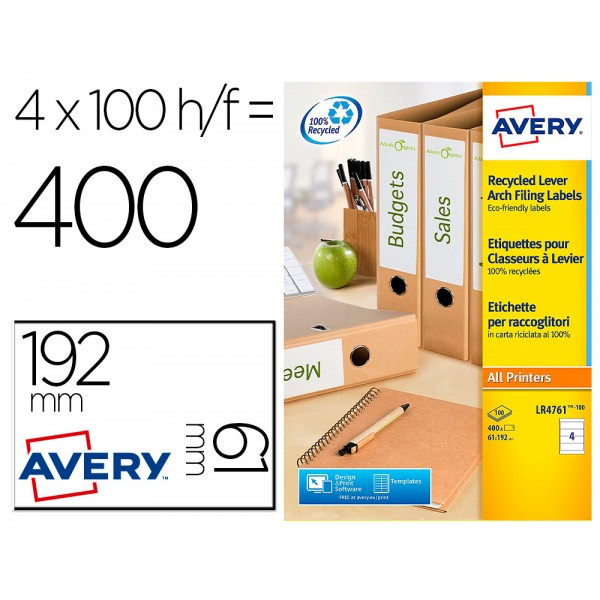 Etiqueta adesiva avery papel branco reciclado 192x61 mm laser pack de 400 etiquetas