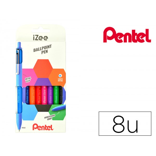 Conjunto com 8 esferofraficas pentel izee retrateis com ponta de 10 mm e cores azul preto vermelho verde violeta rosa l