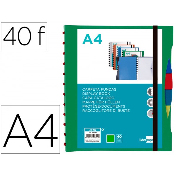 Pasta liderpapel a4 com 40 bolsas intercambiaveis 5 separadores envelope e elastico capa e lombada personalizavel verde