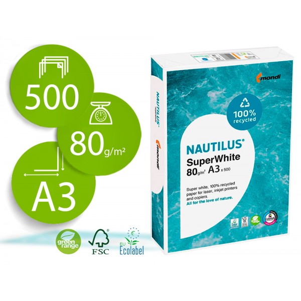 Papel fotocopia nautilus superwhite 100 reciclado din a3 80 gr pack de 500 folhas