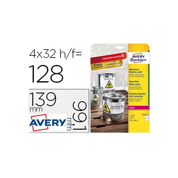 Etiqueta adesiva avery poliester branco 991x139 mm para impressora laser pack de 32 unidades