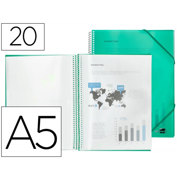 Capa catalogo liderpapel com espiral 20 bolsas polipropileno din a5 verde