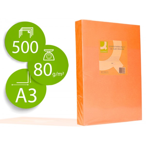 Papel de cor q connect din a3 80gr laranja neon pack de 500 folhas