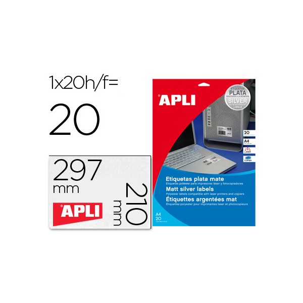 Etiquetas adesivas apli 10071 metalizada formato 210x297 mm para fotocopia laser caixa 20 folhas com 20