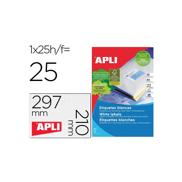 Etiquetas adesivas apli 1215 formato 210x297 mm para fotocopia laser tinteiro caixa com 25 folhas com 25