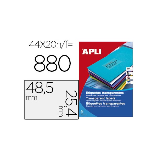 Etiqueta adesiva apli transparente 485x254 mm fotocopia laser tinteiro caixa 20 folhas din a4 com 880 etiquetas