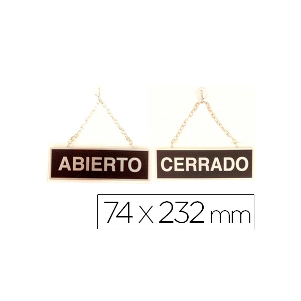 Rotulo metalico serigrafiado abierto y cerrado con cadena y ventosa para colgar de 74x232 mm