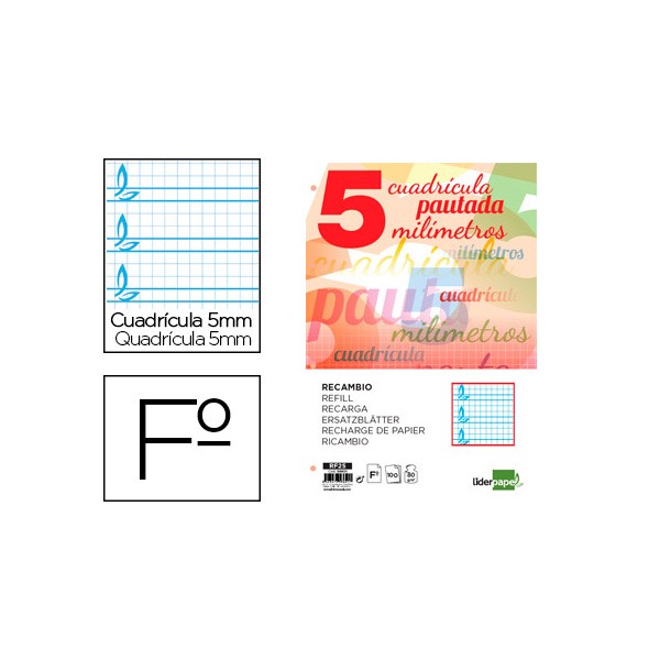 Recambio liderpapel folio 100 h 4 taladros 70 gr cuadriculado pautado 5 mm con margen