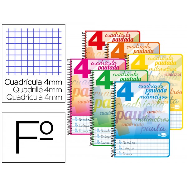 Bloc espiral liderpapel tapa extradura folio 80 hojas cuadriculado pautado 4 mm 70 grs con margen colores