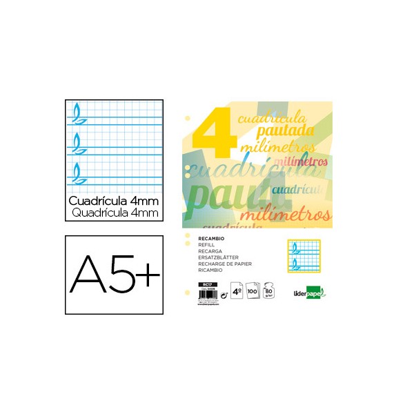 Recambio liderpapel cuarto 100 h cuadriculado pautado 4 mm 6 taladros 60 gr