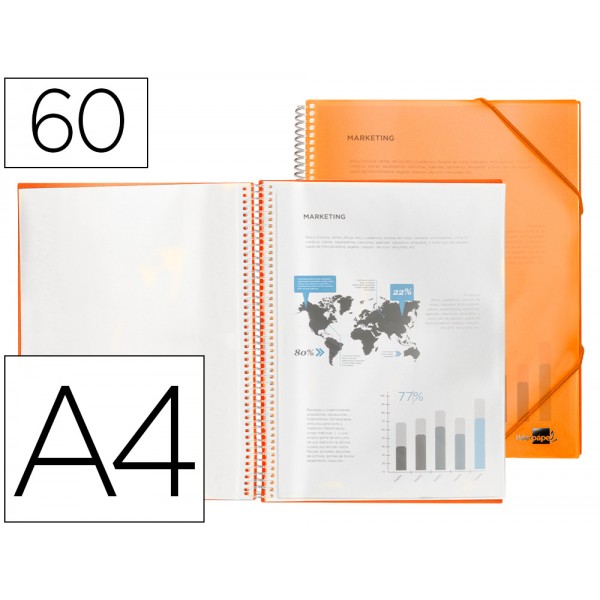 Capa catalogo liderpapel com espiral 60 bolsas polipropileno din a4 laranja