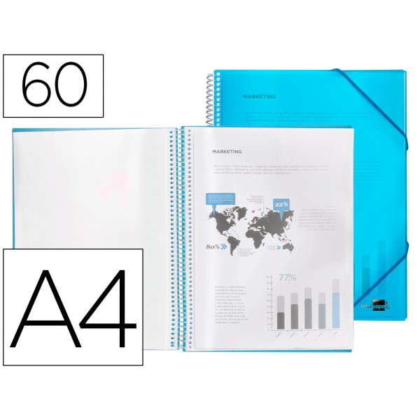 Capa catalogo liderpapel com espiral 60 bolsas polipropileno din a4 azul