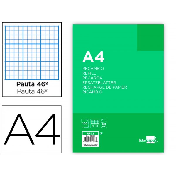 Recambio liderpapel folio 100 h rayado nº 46 4 taladros 60 gr