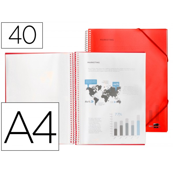 Capa catalogo liderpapel com espiral 40 bolsas polipropileno din a4 vermelho