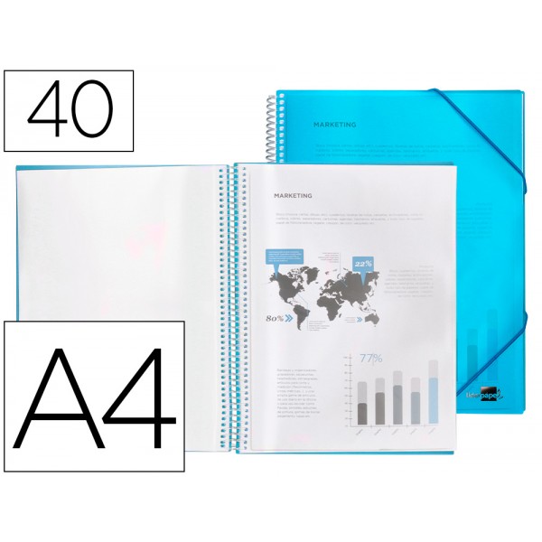 Capa catalogo liderpapel com espiral 40 bolsas polipropileno din a4 azul