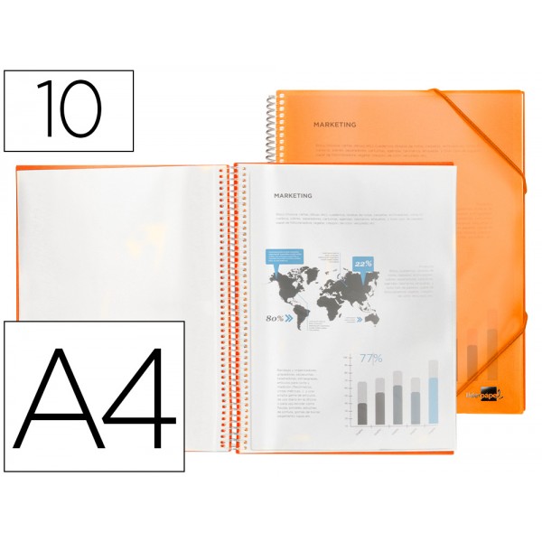 Capa catalogo liderpapel com espiral 10 bolsas polipropileno din a4 laranja