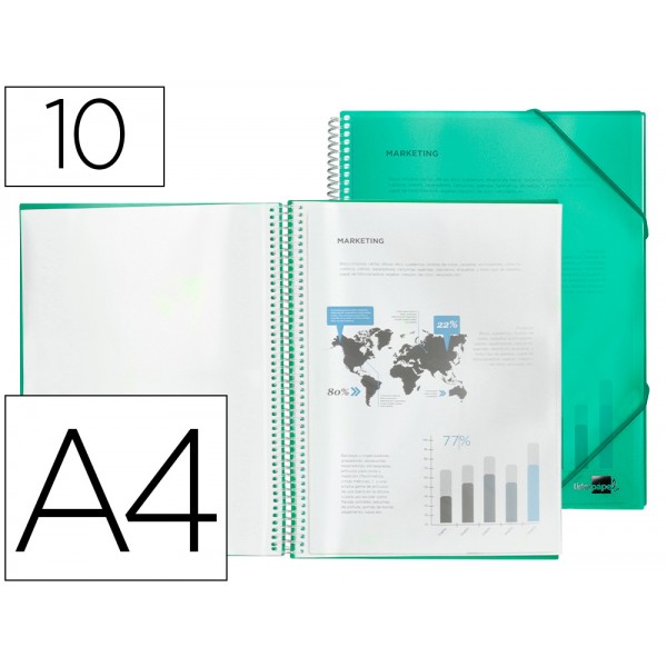 Capa catalogo liderpapel com espiral 10 bolsas polipropileno din a4 verde