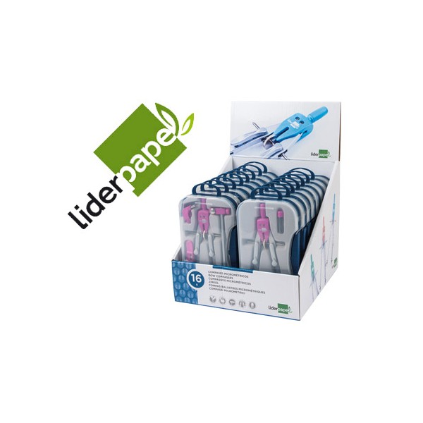 Compasso liderpapel com adaptador alargador e pega extra soft expositor de 16 estojos 2 modelos