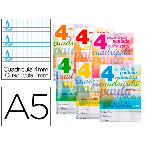 Libreta liderpapel tapa cartoncillo cuarto 32 hojas cuadriculado pautado 4 mm 70 grs colores surtidos