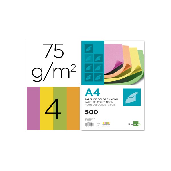 Papel de cor liderpapel din a4 75 gr pack de 500 quatro cores neon sortidas