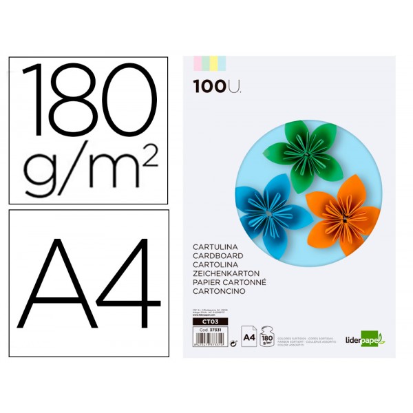 Cartolina liderpapel 180 gr 100 folhas din a4 cores sortidas