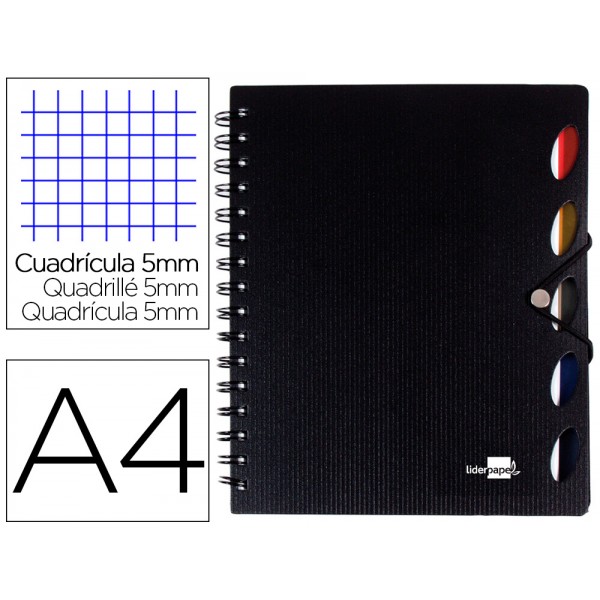 Caderno espiral liderpapel a4 micro executive capa plastico 100 f 80 gr quadricula 5mm 5 separadores com elastico preto