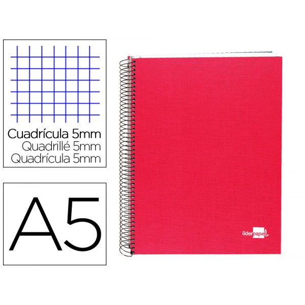 Caderno espiral liderpapel a5 micro papercoat capa forrada 140 f 75 gr quadricula 5mm 5 bandas 6 furos vermelho