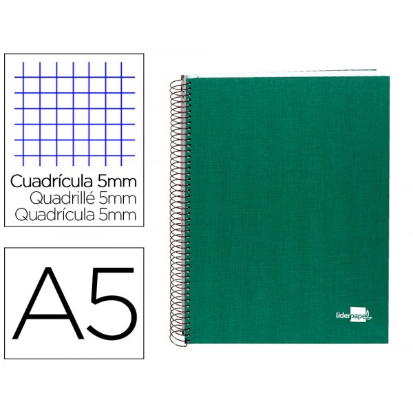 Caderno espiral liderpapel a5 micro papercoat capa forrada 140 f 75 gr quadricula 5mm 5 bandas 6 furos verde