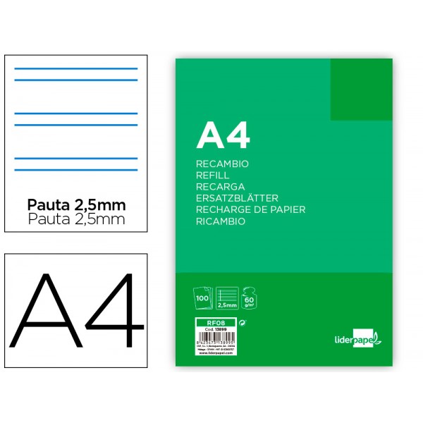 Recarga liderpapel folio 100 f 4tf 03 2 rayas pauta estrecha 4 furos com margem