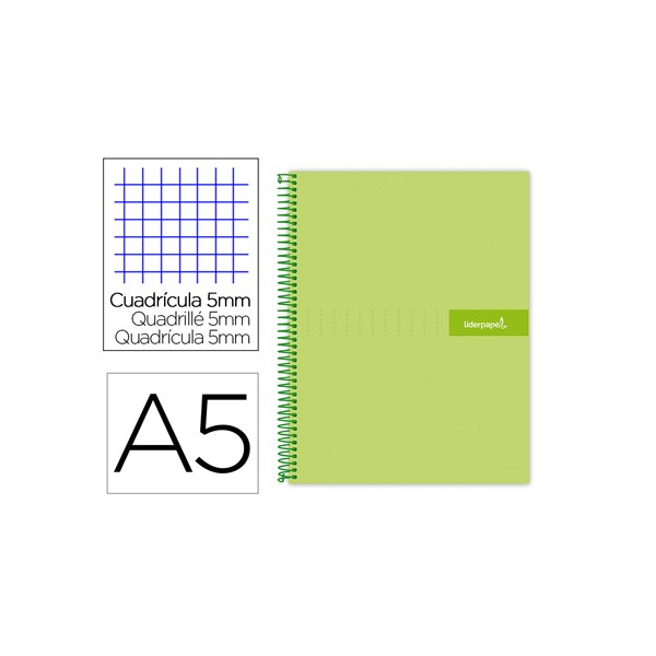 Caderno espiral liderpapel din a5 crafty capa forrada 120 f 90 gr quadricula 5mm 5 bandas de cores 6 furos cor verde