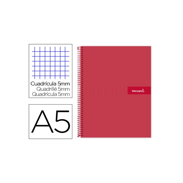 Caderno espiral liderpapel din a5 crafty capa forrada 120 f 90 gr quadricula 5mm 5 bandas de cores 6 furos cor vermelho