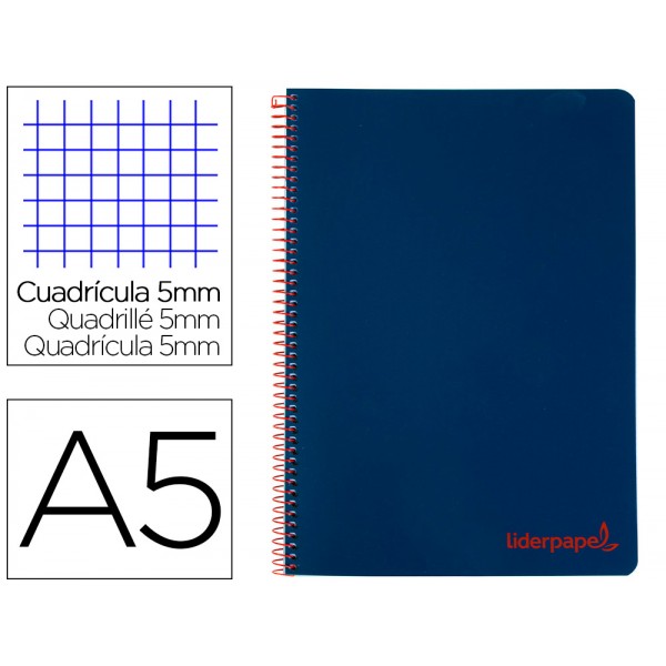 Caderno espiral liderpapel din a5 wonder capa plastico 120 f 90 gr quadricula 5mm 5 bandas de cores 6 furos azul marinho