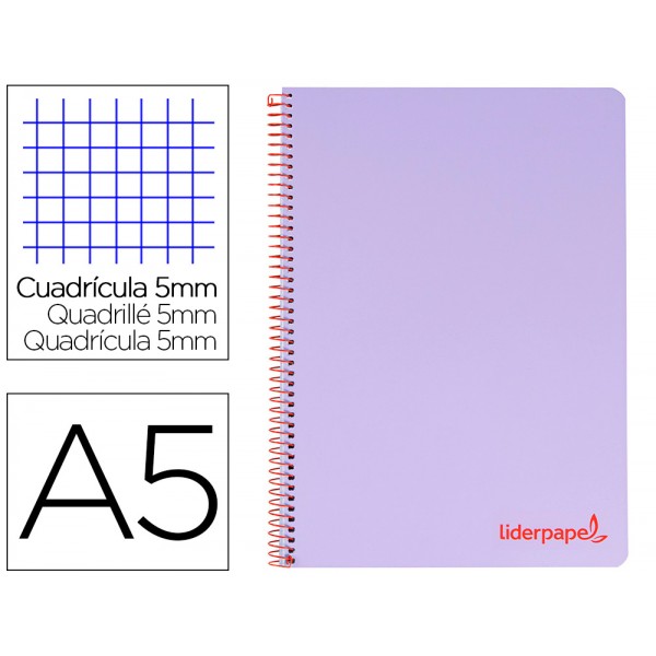 Caderno espiral liderpapel din a5 wonder capa plastico 120 f 90 gr quadricula 5mm 5 bandas de cores 6 furos violeta