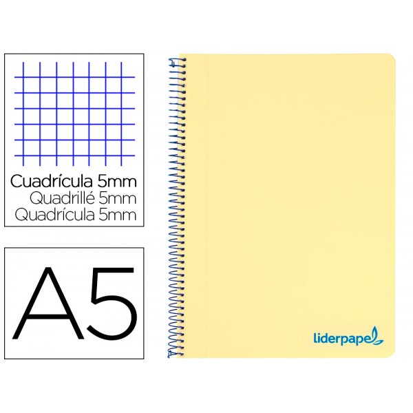 Caderno espiral liderpapel din a5 wonder capa plastico 120 f 90 gr quadricula 5mm 5 bandas de cores 6 furos amarelo