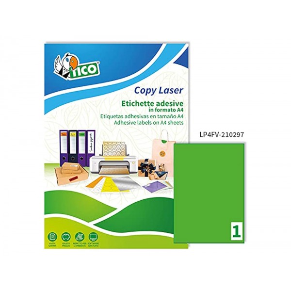 Etiqueta adesiva tico verde fluor permanente certificado fsc laser jato tinta fotocopia 210x297 mm caixa 70 uds