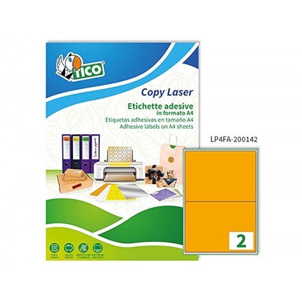 Etiqueta adesiva tico laranja fluor permanente certificado fsc laser jato tinta fotocopia 200x142 mm caixa 140 uds