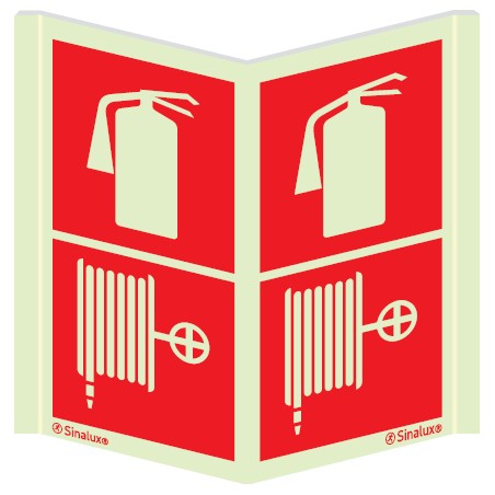 Sinal panorâmico duplo de extintor e boca de incêndio armada tipo carretel 200x400 mm