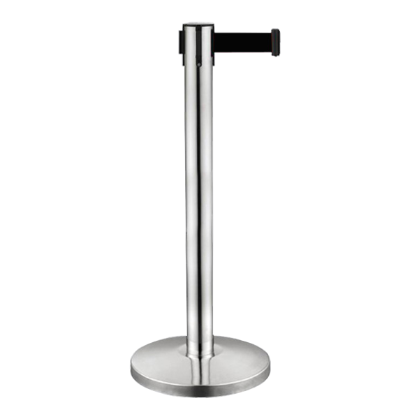 Poteau séparateur chromé avec sangle rétractable noire Poteau séparateur chromé avec sangle rétractable noire